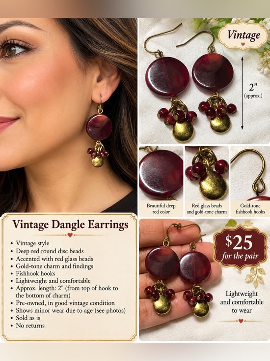 Jewelry - Vintage Burgundy Red Dangle Earrings